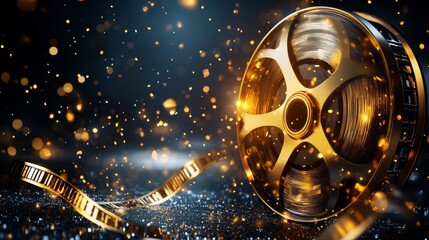 A festive banner with film strips, perfect for a movie award ceremony. It features a golden film reel, all in a vector illustration style.