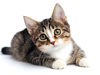 Obraz premium Curious Tabby Kitten Closeup Portrait in White Background