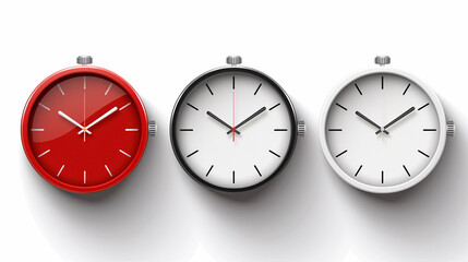 Three minimalist clocks in different colors hang on a clean, white wall, symbolizing simplicity, time, and modern design.