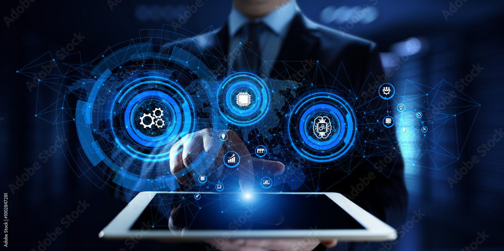 Poster gears icons business process automation innovation technology concept. businessman pressing button o