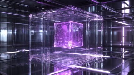 A futuristic, glassy square screen with a holographic purple cube floating inside. It's made of clear acrylic and has a reflective design that changes with the angle you view it from.