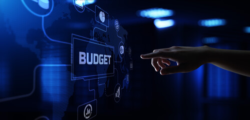 Budget Budgeting Financial management accounting business concept. Hand pressing button on screen.