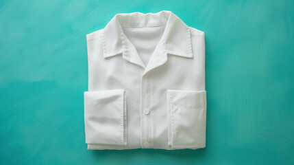 Neatly folded white shirt is displayed against a teal background. The clean, crisp presentation emphasizes simplicity, minimalism, and organization.