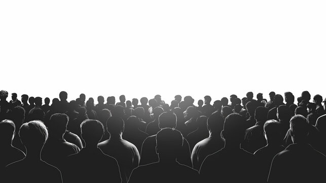 Large crowd in silhouette, the figures blend into one another, representing anonymity and collective presence, with a bright background.