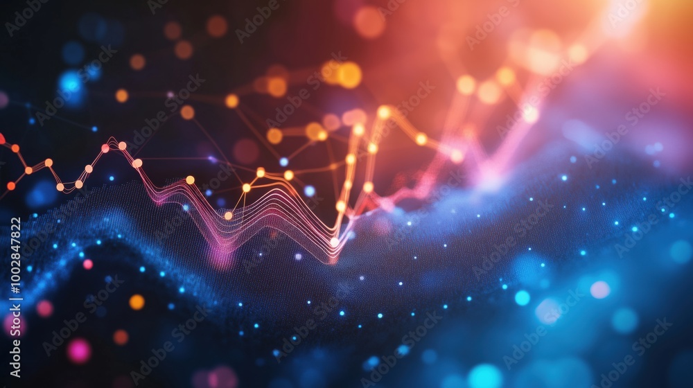 Poster data visualization with colorful wave patterns and nodes