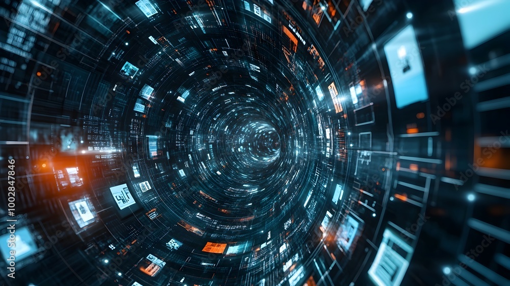 Poster Diverse range of products floating through a digital tunnel representing the vast array of deals and discounts to be discovered on the popular online shopping event Cyber Monday