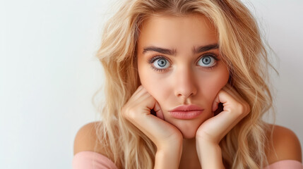 Naklejka premium Blonde woman with blue eyes looks directly at the camera with a surprised or puzzled expression, resting her chin on her hands against a simple white background.