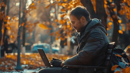 Realistic view of a digital nomad working remotely from a scenic park bench high-definition clarity