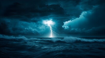 Fototapeta premium Dramatic and intense image capturing the raw power and collision of natural forces as lightning streaks across the sky over a tumultuous stormy ocean scene