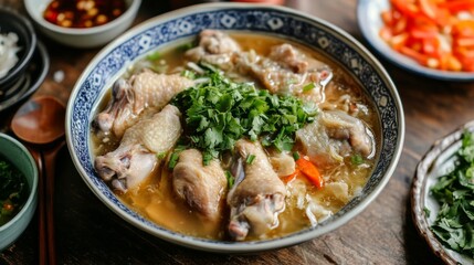 A hearty soup with chicken legs and Chinese cabbage.