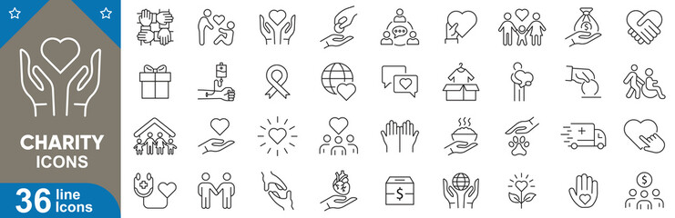 Charity outline icons set. Donation, helping, hands, volunteering, nonprofit, community, heart, giving, philanthropy and more. vector illustrator.