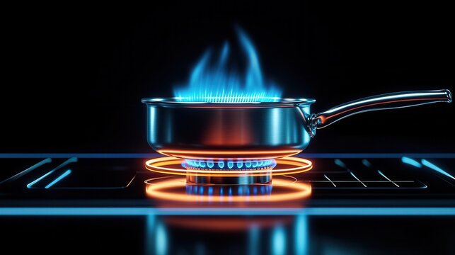 Electric stove heating a pan, with energy flow between elements, thermodynamics, indirect heat transfer concept