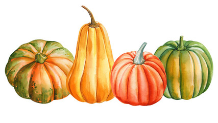Colorful Pumpkins isolated background, watercolor painting fall illustration, Festive holiday decorations, autumn clip art