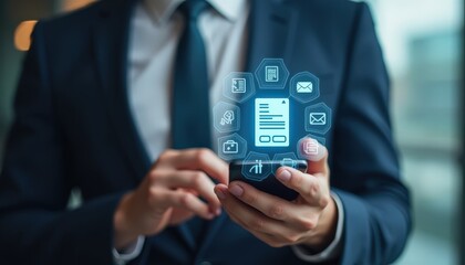 Invoice and online digital statements concept. Businessman using smartphone with invoice icons on virtual screen