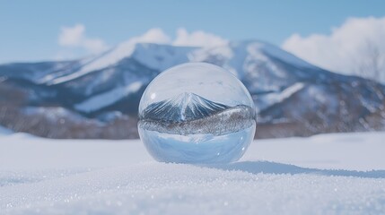 Crystal-clear sphere resting on snow, reflecting a breathtaking snowy mountain landscape, blending serene winter beauty with a magical mirrored view