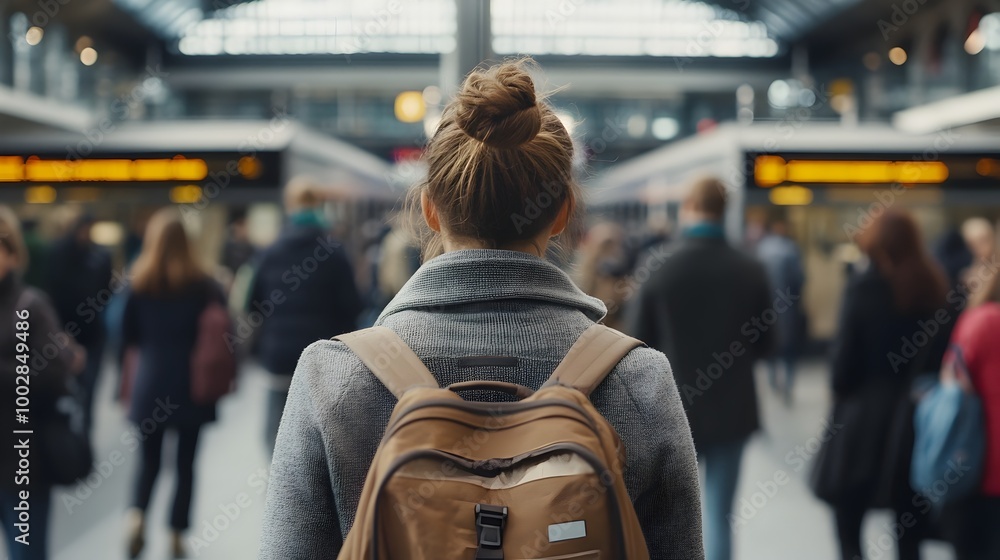Poster elegant woman navigates through a bustling train station the blurred crowd of passengers rushing aro