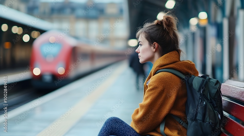 Poster Elegant woman sitting on a bench at a modern train station her profile in sharp focus as trains move in and out of the station in the blurred background providing ample open space for text overlay
