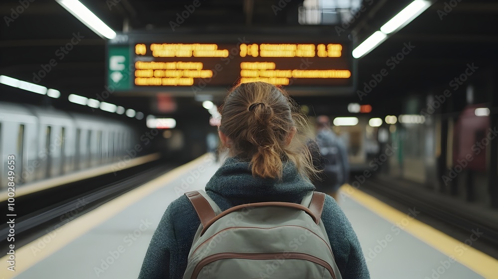 Aufkleber elegant woman walking along a train platform with the clean modern architecture and signage of the s