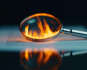 Sunlight focused through a magnifying glass burning paper, thermodynamics, focused heat energy concept