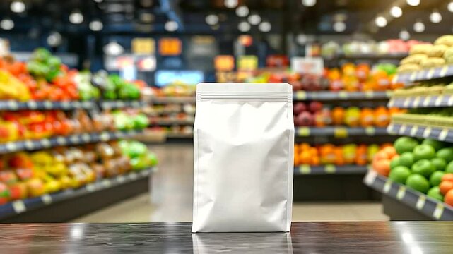 A pure white stand-up pouch mockup showcased in front of a blurred grocery store aisle, where colorful produce and packaging softly fade into the background