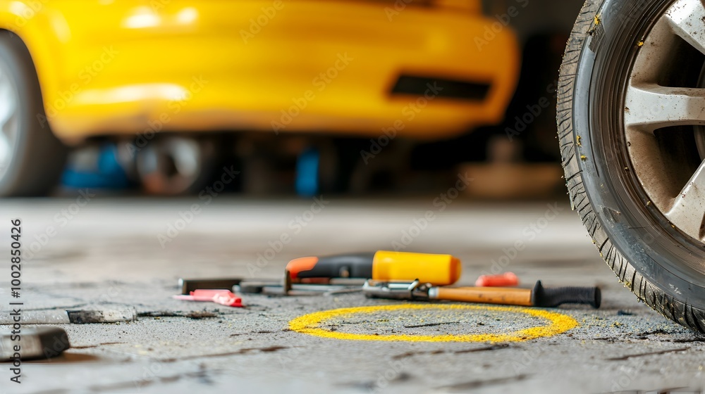 Poster flat automobile tire in a garage setting with the punctured area of the tire circled in chalk and va