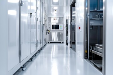 Futuristic industrial machine in a pristine cleanroom, surrounded by white walls and sterile conditions, representing high-precision tech production