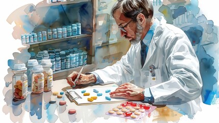 watercolor style, Pharmacist discussing financial growth strategies in watercolor, medical economy