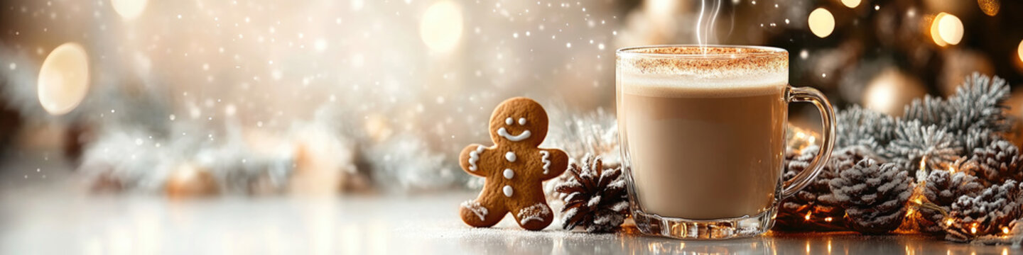 Banner Happy 2025, cup of latte with cinnamon and gingerbread man, star and festive decorations, winter festive background.
