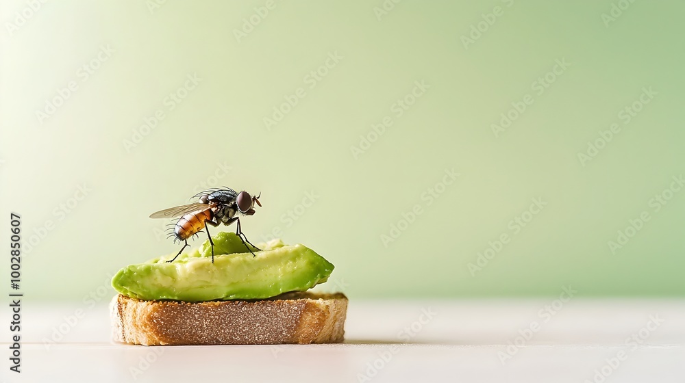 Poster fly perched on a slice of avocado toast captured in a minimalist style with soft shadows and bright 
