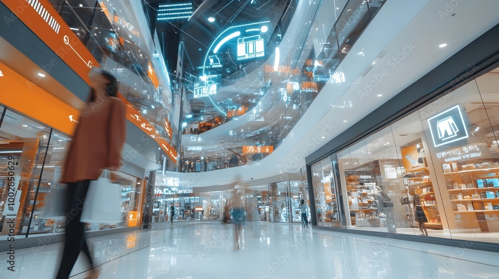 Fototapete futuristic abstract representation of a shopping mall in a digital cyberspace landscape with various