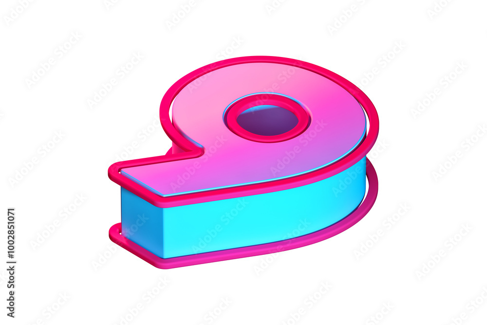 Poster tumbled 3d number 9 with purple gradient and cyan blue sides. 3d rendering font suitable for poster,