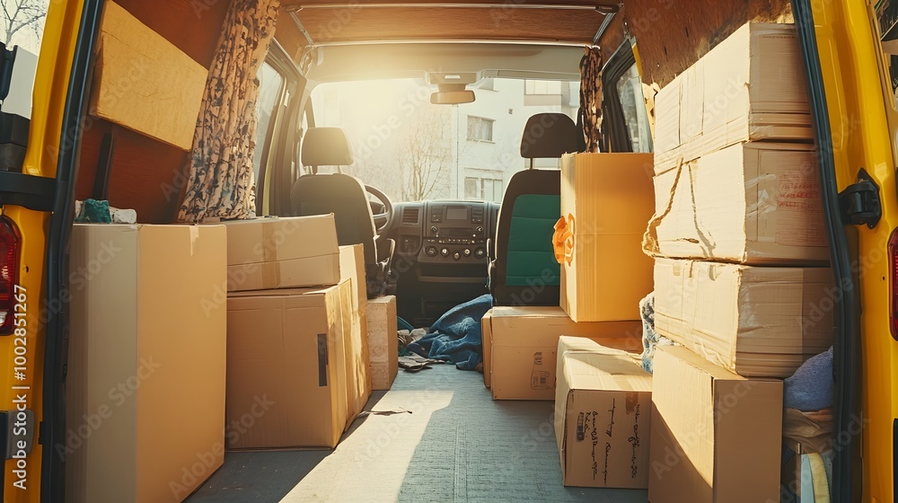 Poster half filled moving van with packed furniture and boxes sunlight streaming through the open back door