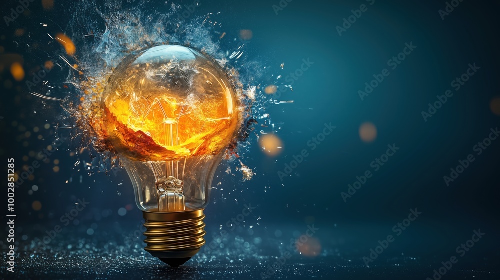 Poster Exploding light bulb with fiery explosion and sparks