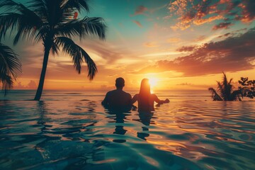 A couple is sitting in the ocean at sunset