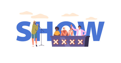 Illustration Of A Talent Show With Diverse Judges And A Singer Performing On Stage. Judges Characters Sit Behind A Desk