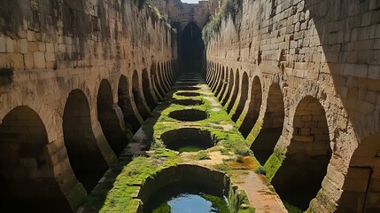 Intricate network of aqueducts winding through an ancient city