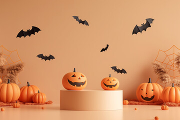 A Halloween scene with pumpkins and bats