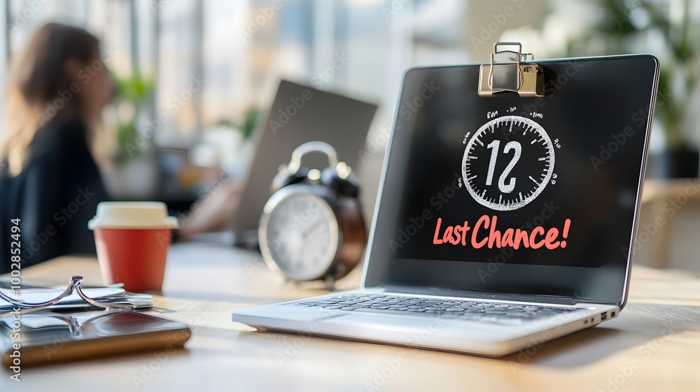 Poster laptop screen displaying a large countdown timer with a prominent last chance banner emphasizing the