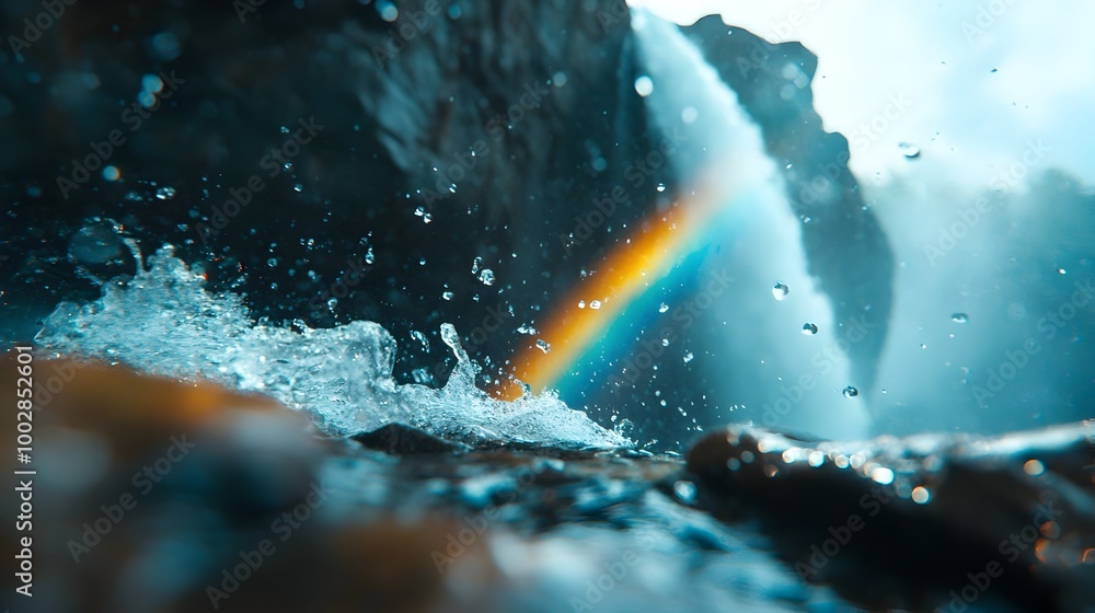 Poster magnificent waterfall with sheets of cascading water tumbling over a rocky ledge catching the sunlig