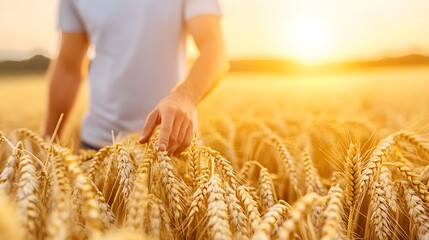 Man in a golden wheat field at sunset, brushing hands through the stalks.