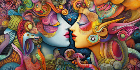 Abstract Surreal Art of Two Faces Kissing in Vibrant Colors