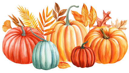 Pumpkins, leaves isolated background, watercolor painting fall illustration, Festive holiday decorations, autumn clip art