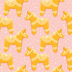 Gingerbread horse coockie powdered with sugar, seamless pattern