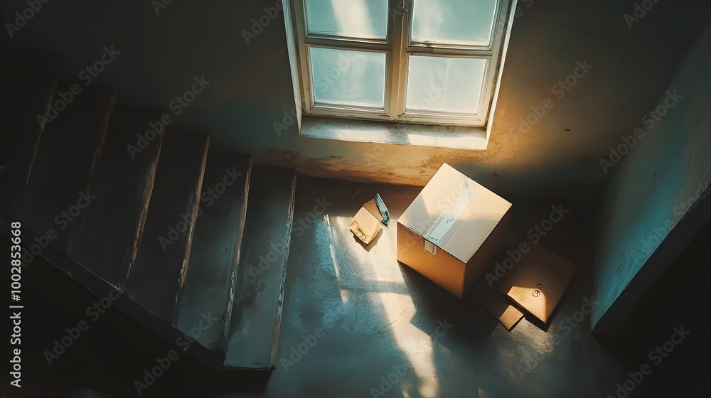 Poster Minimalist cardboard box sitting on an empty staircase with packing materials scattered around and soft light filtering in from a nearby window  The scene exudes a sense of simplicity organization