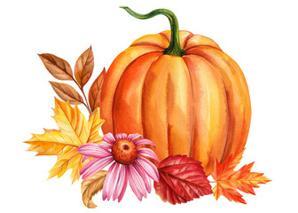 Pumpkins, leaves isolated background, watercolor painting fall illustration, Festive holiday decorations, autumn clip art
