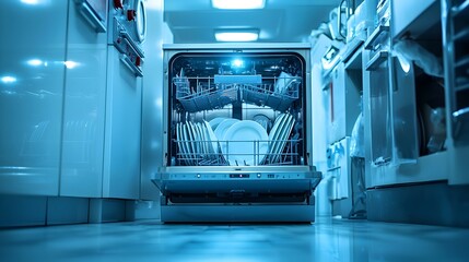 Messy open dishwasher displaying a pile of unwashed dirty dishes in a bright even lit domestic kitchen interior scene  Concept of neglected household chores and disorganized domestic life