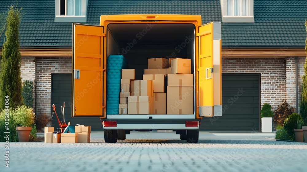 Poster moving truck parked in residential driveway with stacked furniture and neatly packed boxes visible i
