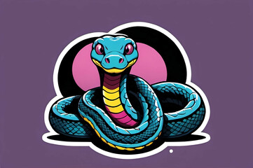 Obraz premium A vibrant image of a blue snake with pink and yellow accents. The snake has large, expressive eyes and a confident pose. It is surrounded by a black circle and set against a purple background, creatin