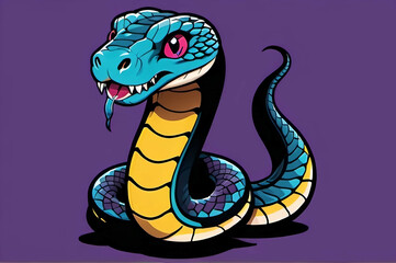 Fototapeta premium A cartoon-style image of a small, blue snake with bright pink eyes and sharp teeth. The snake has a playful expression and is coiled up in a relaxed pose. The background is a solid purple color.