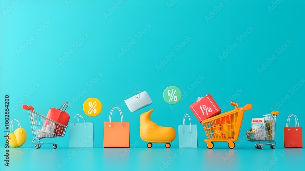 Poster of a row of various product icons turning into discount percentage symbols showcasing the transformation of regular items into Cyber Monday sales and promotions